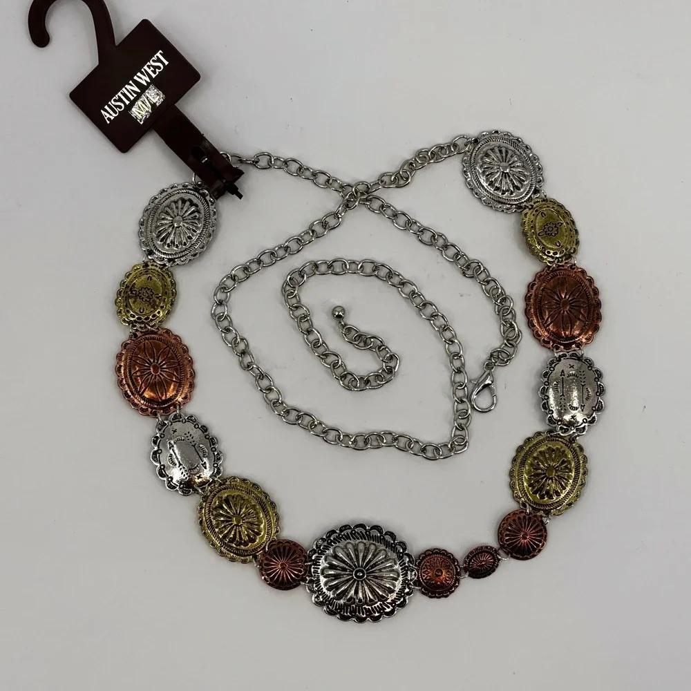 Austin West Concho Chain Belt Women M/L Mixed Metal Silver Gold Copper Western